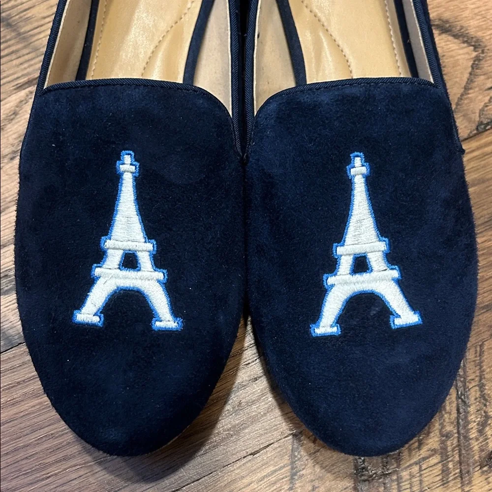 Talbots navy suede Loafers with Eiffel Tower Embroidery